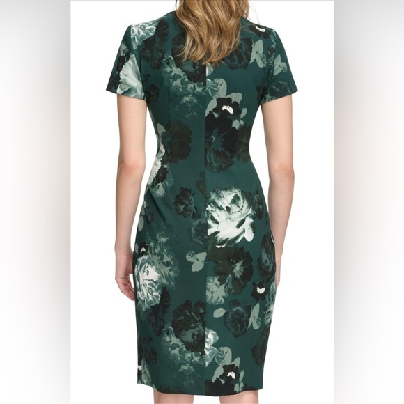Calvin Klein Print Scuba Crepe Square Neck Short Sheath with Ruching Detail | 4 - Picture 2 of 9